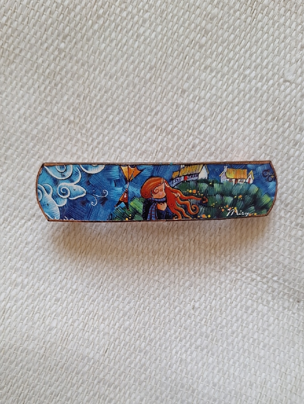 Whimsical Hand-Painted Enamel Hair Barrette in Blue and Green